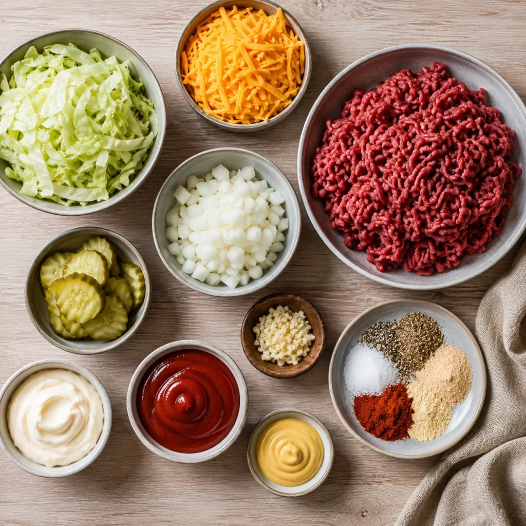 Zutaten für Big Mac Auflauf: Rinderhack, Cheddar, Gewürzgurken