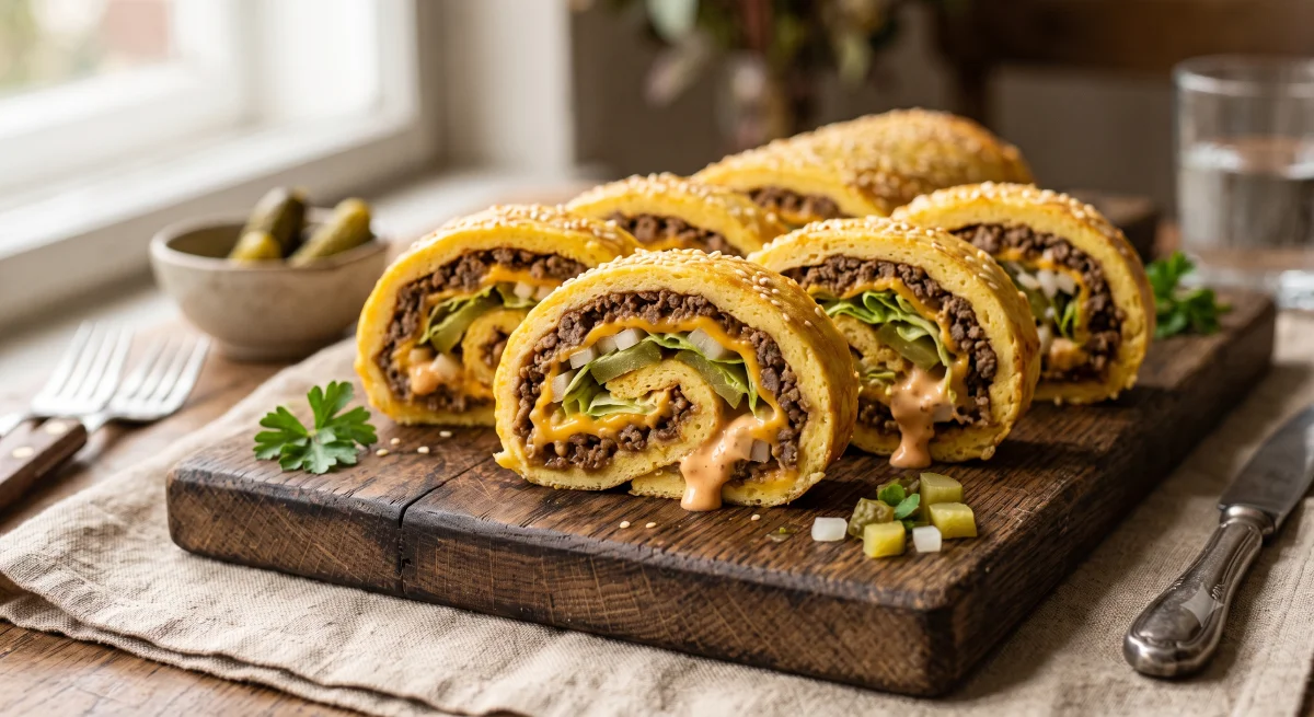 Big Mac Rolle in Scheiben geschnitten auf Holzbrett angerichtet