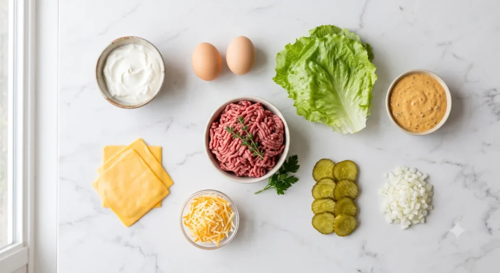 Zutaten für Big Mac Rolle: Magerquark, Hackfleisch, Cheddar-Käse