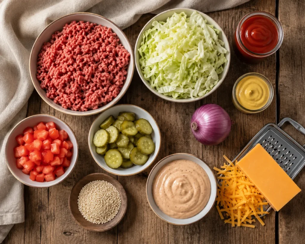 Zutaten für Big Mac Bowl: Rinderhack, Salat, Cheddar, Gewürzgurken