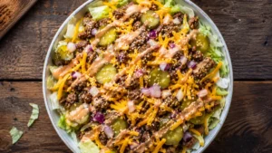 Big Mac Salat mit Hack, Cheddar und Sauce fertig angerichtet in Schüssel