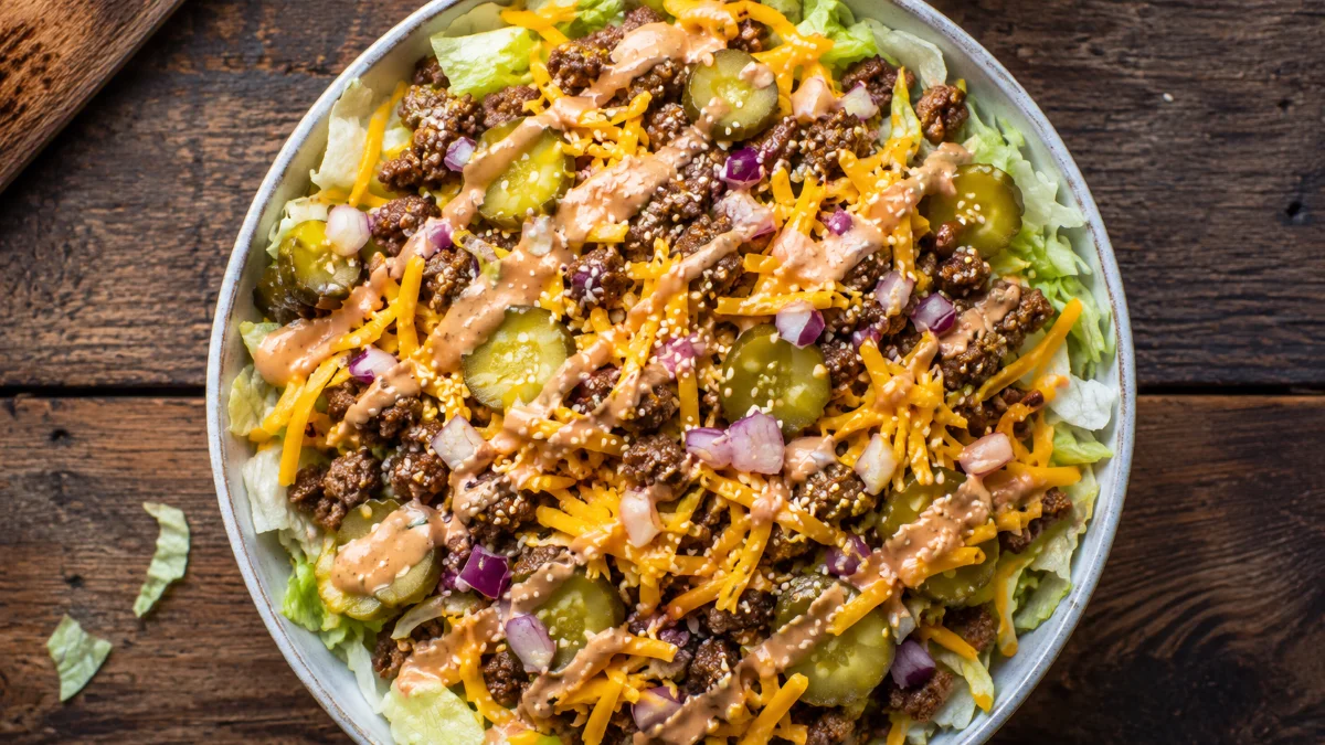 Big Mac Salat mit Hack, Cheddar und Sauce fertig angerichtet in Schüssel