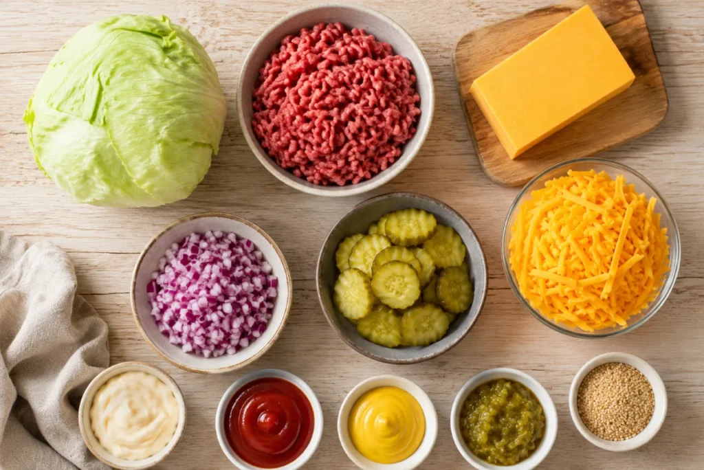 Zutaten für Big Mac Salat: Eisbergsalat, Rinderhack, Cheddar