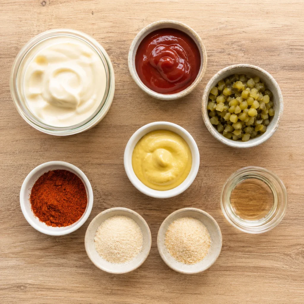 Zutaten für Big Mac Sauce: Mayonnaise, Ketchup, Gewürzgurken