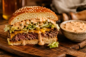 Burger Sauce cremig angerichtet in kleiner Schale neben Burger