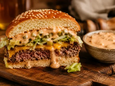 Burger Sauce cremig angerichtet in kleiner Schale neben Burger