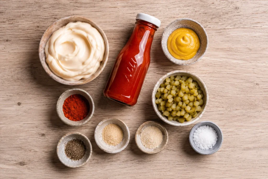 Zutaten für Burger Sauce: Mayonnaise, Ketchup, Essiggurken