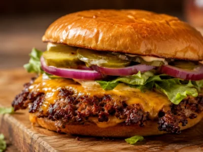 Smash Burger mit knuspriger Kruste und geschmolzenem Cheddar auf Holzbrett angerichtet