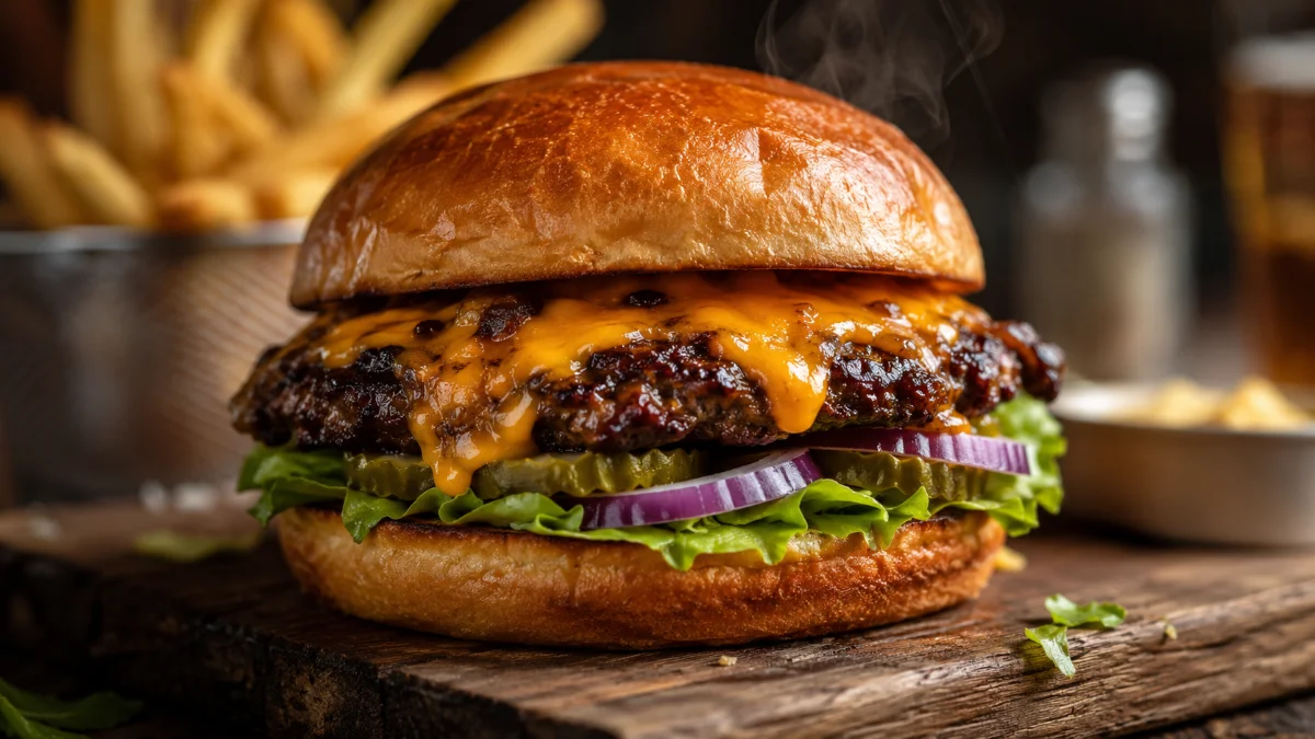 Smashed Burger mit geschmolzenem Cheddar auf Holzbrett angerichtet