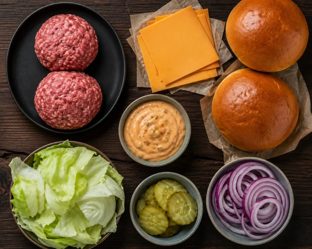Zutaten für Smashed Burger: Rinderhackfleisch, Cheddar, Burger Buns