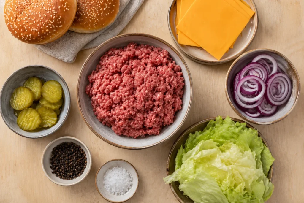 Zutaten für Smash Burger: Rinderhack, Cheddar, Burger Buns