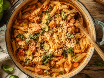 One Pot Gerichte mit Hähnchen und Gemüse fertig angerichtet im Topf