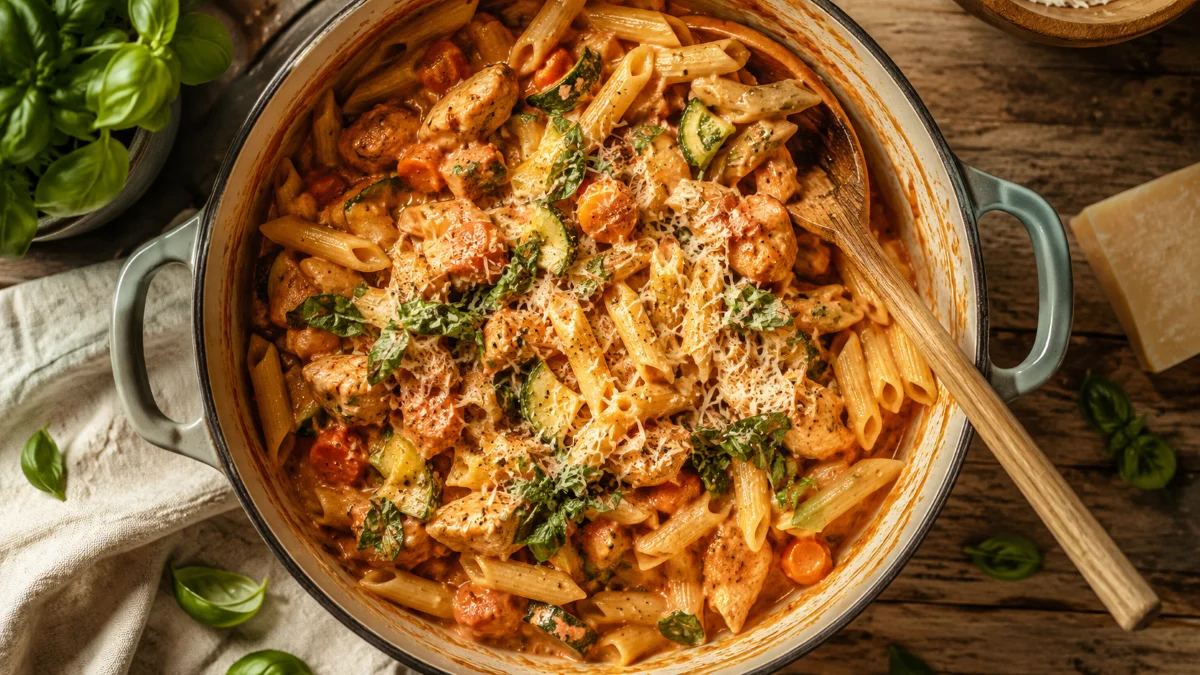 One Pot Gerichte mit Hähnchen und Gemüse fertig angerichtet im Topf