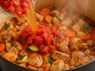 Tomaten und Brühe aufgießen