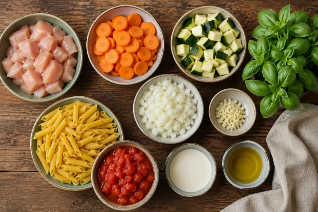 Zutaten für One Pot Gerichte: Hähnchenbrust, Karotten, Zucchini