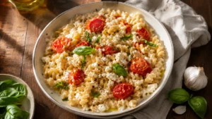 One Pot Pasta Feta fertig angerichtet auf weißem Teller