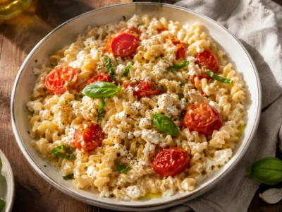 One Pot Pasta Feta fertig angerichtet auf weißem Teller