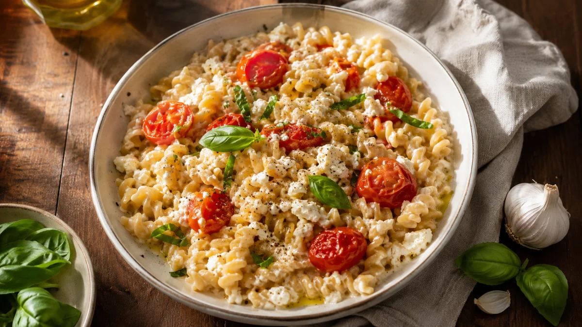 One Pot Pasta Feta fertig angerichtet auf weißem Teller