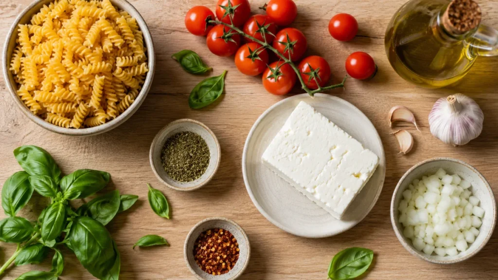 Zutaten für One Pot Pasta Feta: Fusilli, Feta, Kirschtomaten
