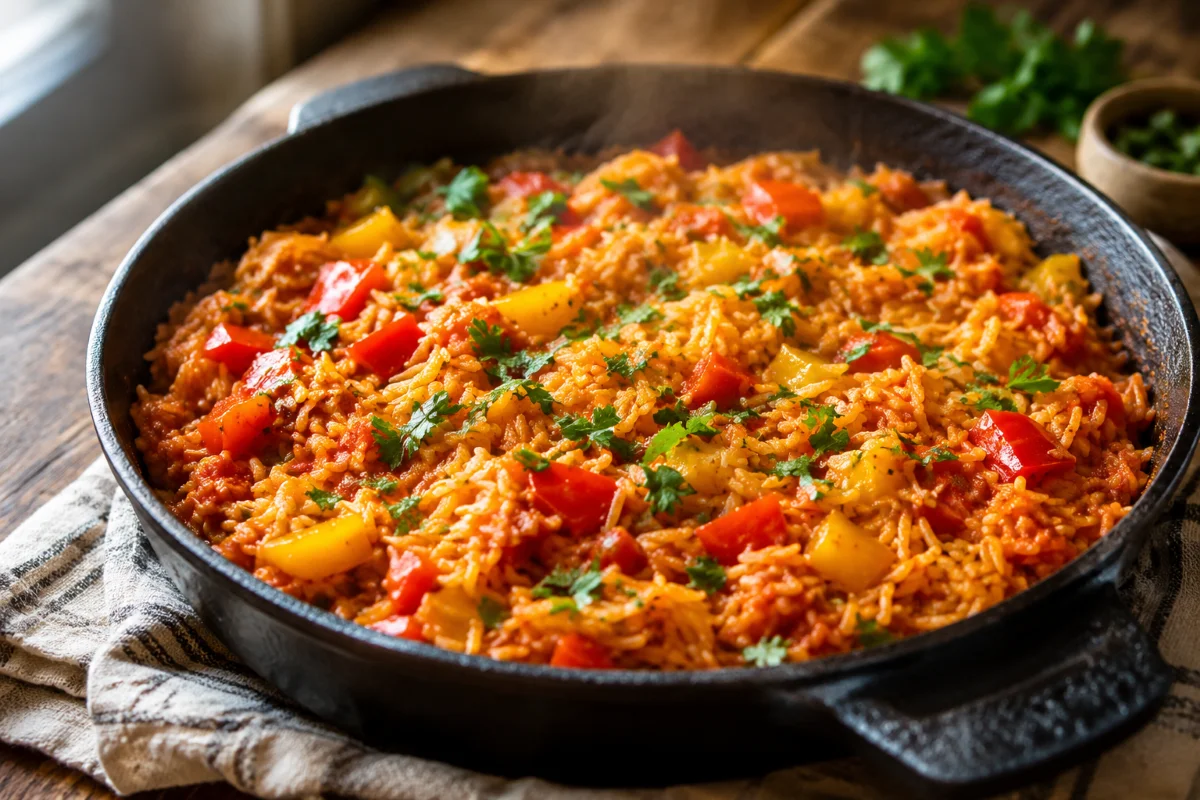 One Pot Reis fertig angerichtet in der Pfanne mit frischer Petersilie