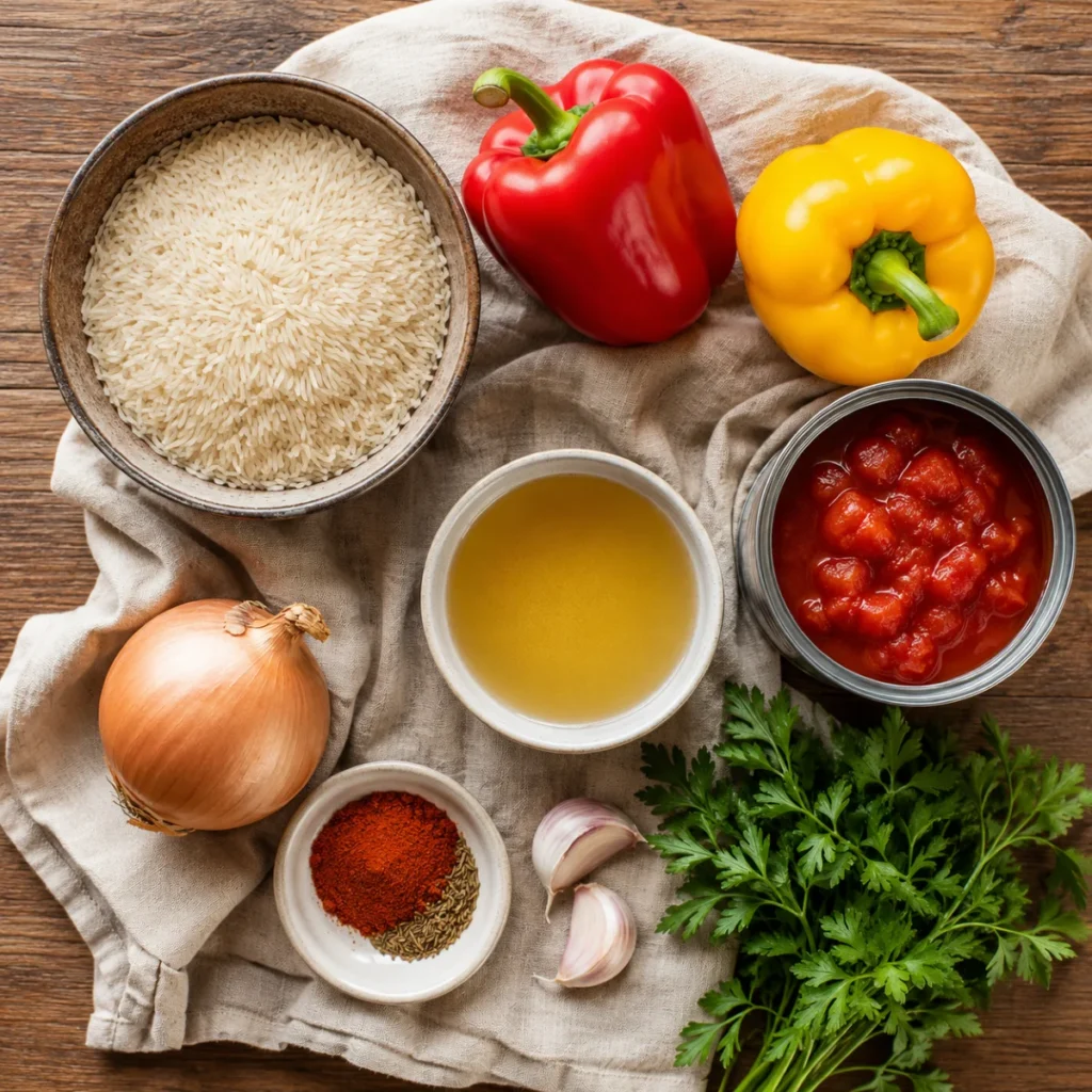 Zutaten für One Pot Reis: Basmatireis, Paprika, Tomaten, Gewürze