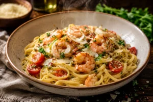 Garnelen mit Pasta Rezept fertig angerichtet auf weißem Teller