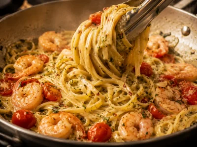 Tomaten, Pasta und Garnelen vereinen