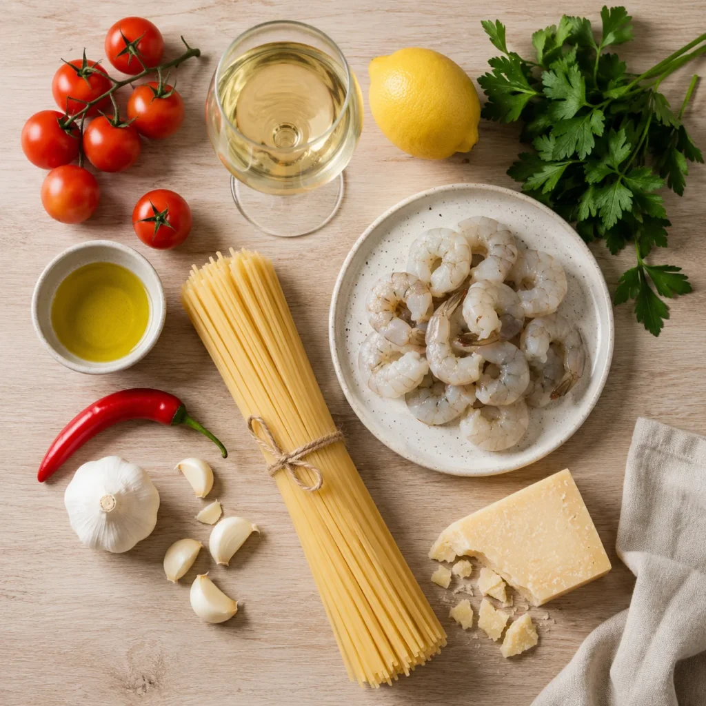 Zutaten für Garnelen mit Pasta Rezept: Garnelen, Linguine, Kirschtomaten