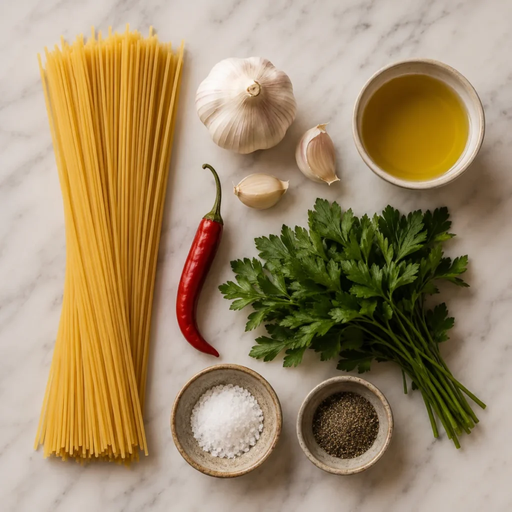 Zutaten für italienische Pasta Aglio e Olio: Spaghetti, Knoblauch, Olivenöl, Chili