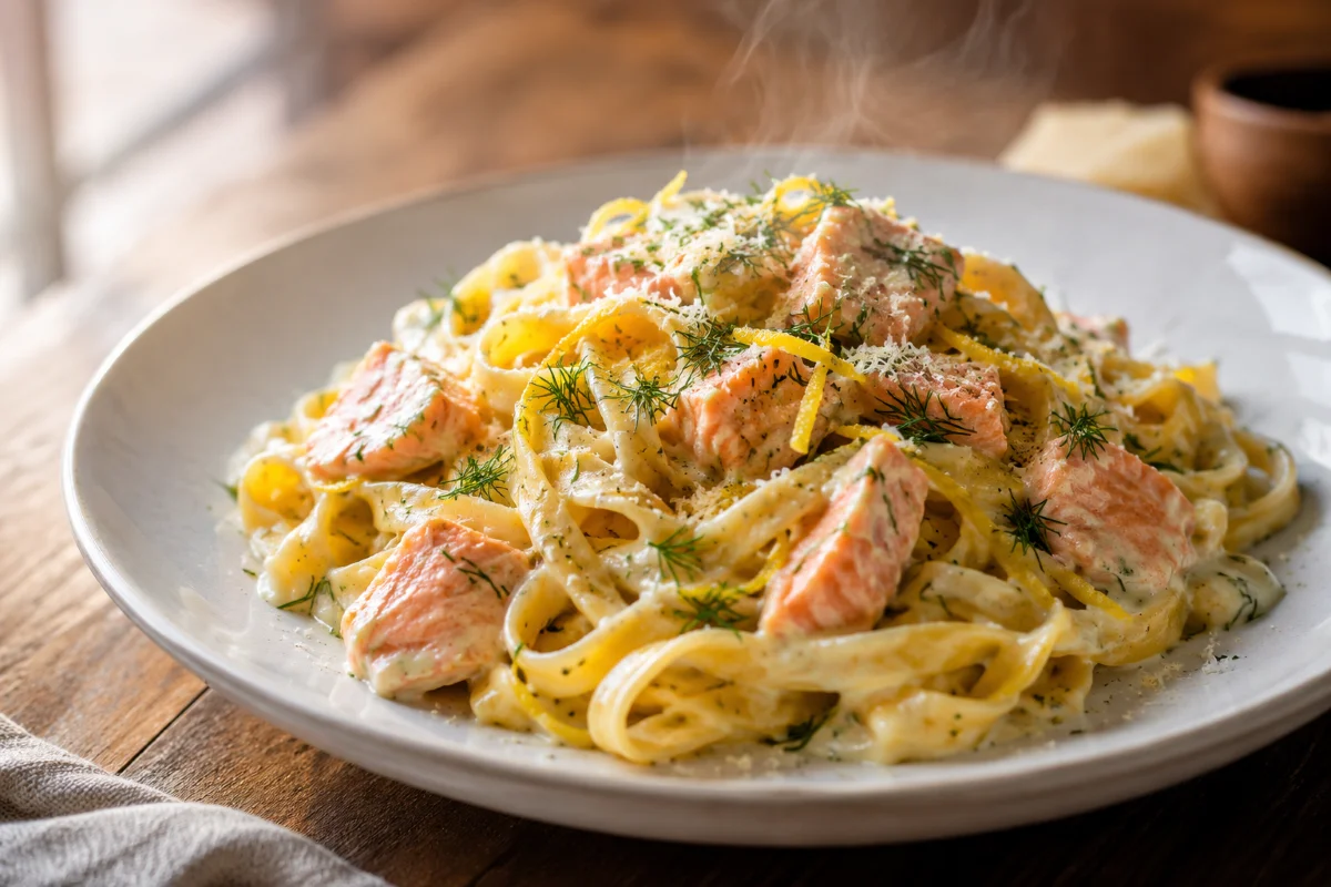 Lachs Pasta mit cremiger Sahnesauce auf weißem Teller angerichtet
