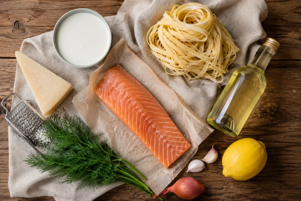 Zutaten für Lachs Pasta: Lachsfilet, Bandnudeln, Sahne, Dill