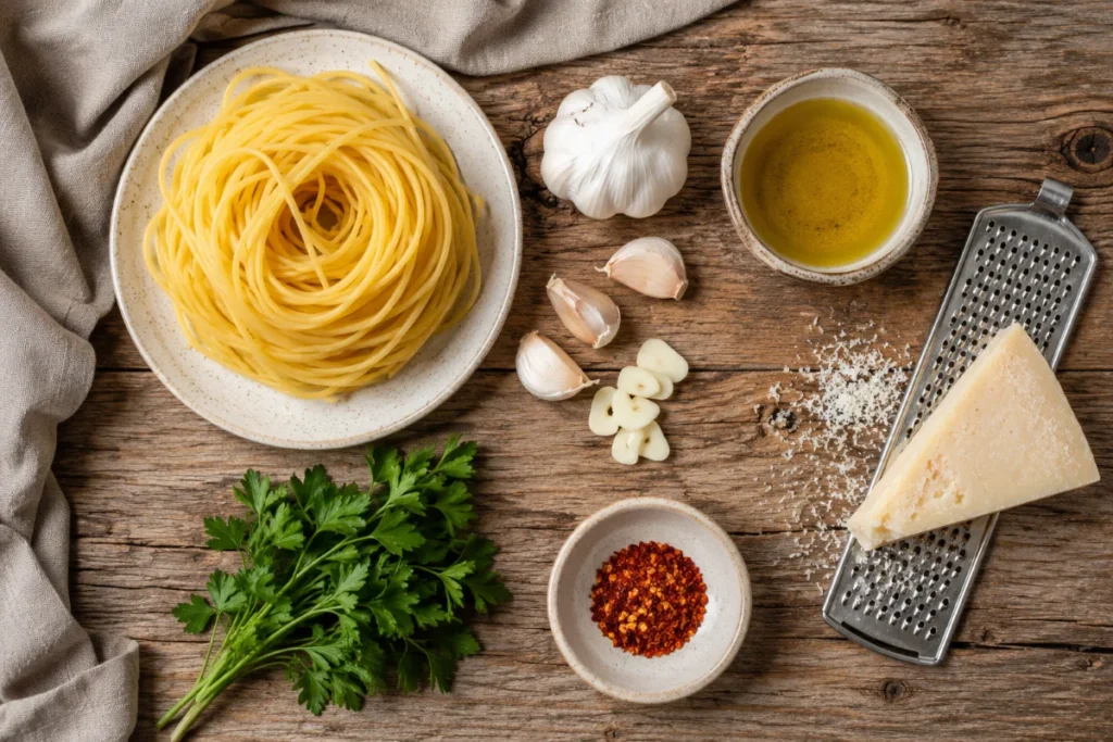 Zutaten für Pasta Rezepte: Spaghetti, Knoblauch, Parmesan, Olivenöl