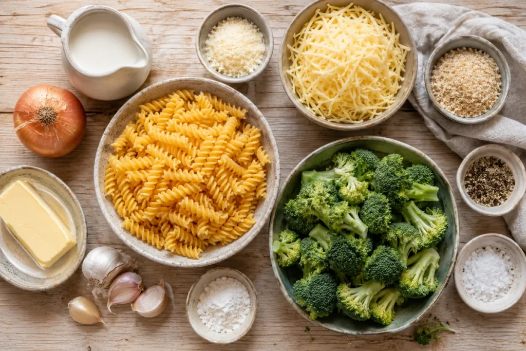 Zutaten für Brokkoli Nudelauflauf: Fusilli, Brokkoli, Gouda