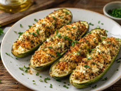 Zucchini Gericht mit Feta-Kruste fertig angerichtet auf weißem Teller