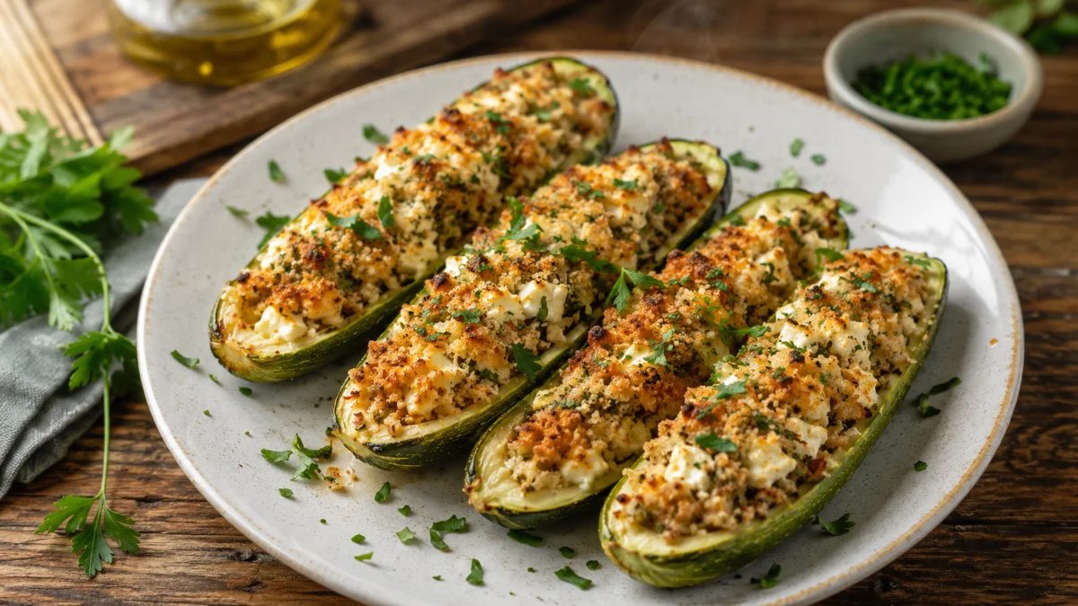 Zucchini Gericht mit Feta-Kruste fertig angerichtet auf weißem Teller