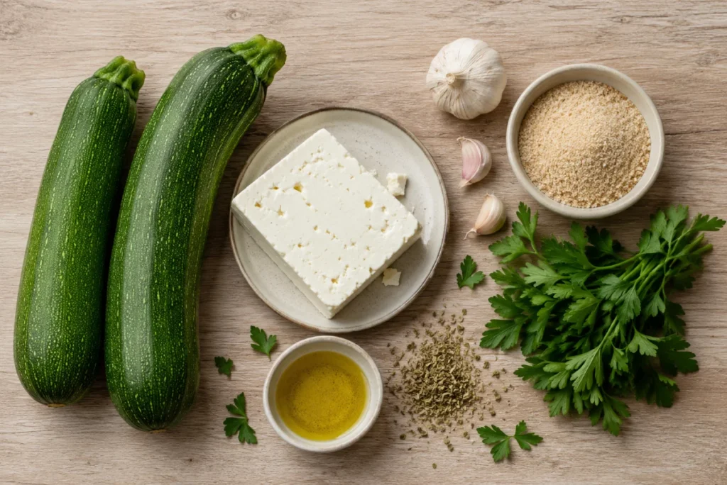 Zutaten für Zucchini Gericht: Zucchini, Feta, Knoblauch