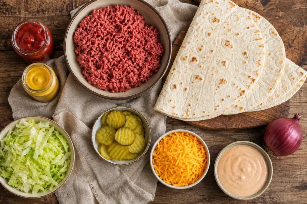 Zutaten für Big Mac Wrap: Rinderhack, Tortillas, Cheddar, Gewürzgurken