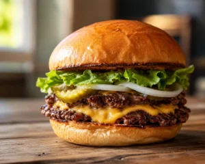 Smash Burger mit knuspriger Kruste und geschmolzenem Käse angerichtet