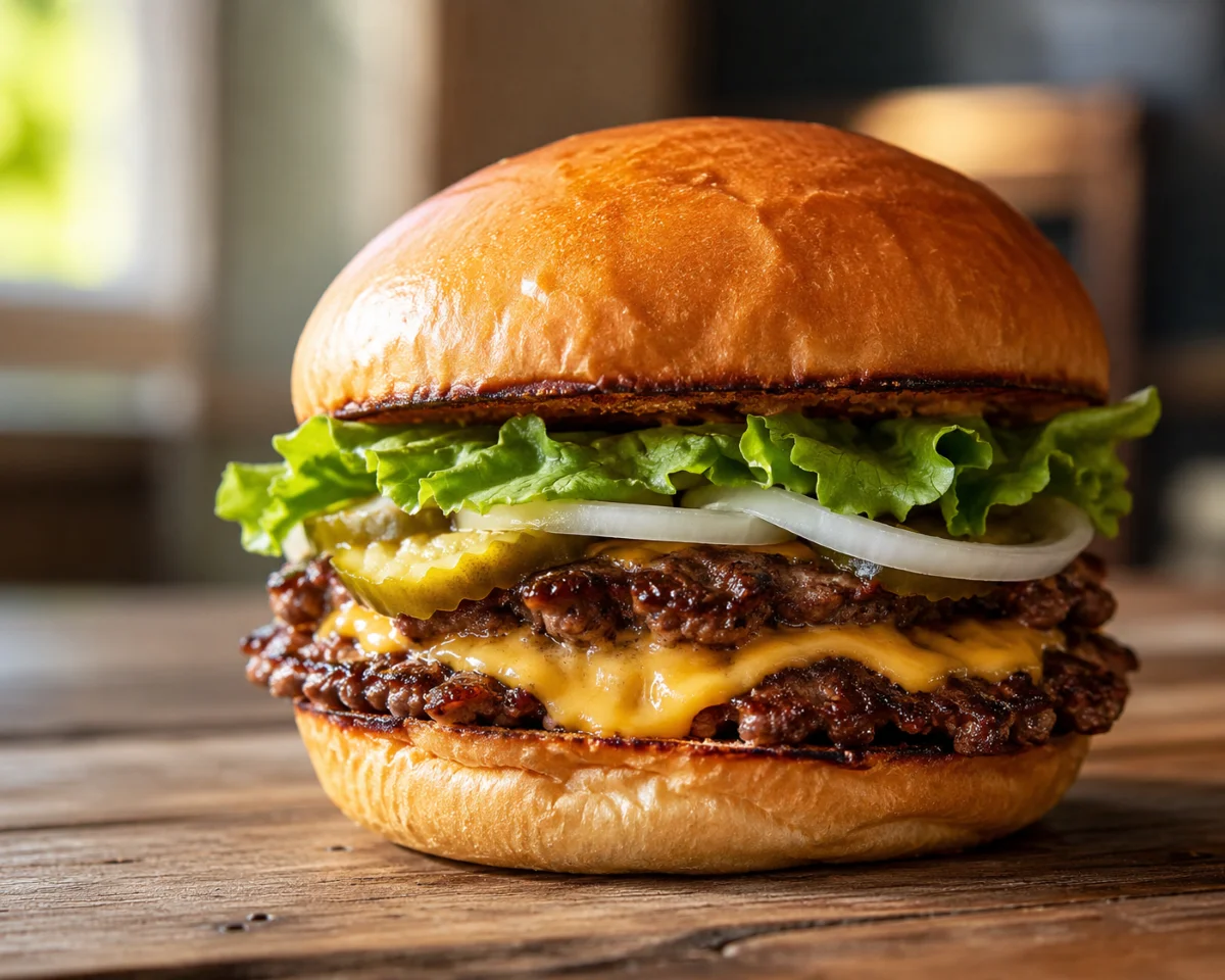 Smash Burger mit knuspriger Kruste und geschmolzenem Käse angerichtet