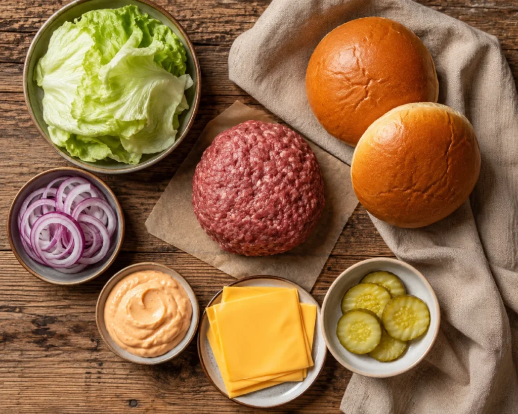 Zutaten für Smash Burger: Rinderhack, Buns, American Cheese, Gewürzgurken