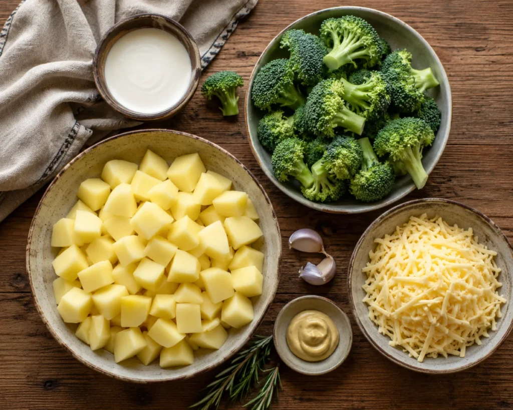 Zutaten für One Pot Gerichte Kartoffeln: Kartoffeln, Brokkoli, Gouda, Sahne