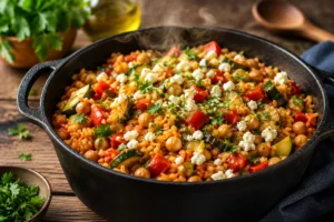 One Pot Gerichte vegetarisch fertig angerichtet mit Feta und Petersilie