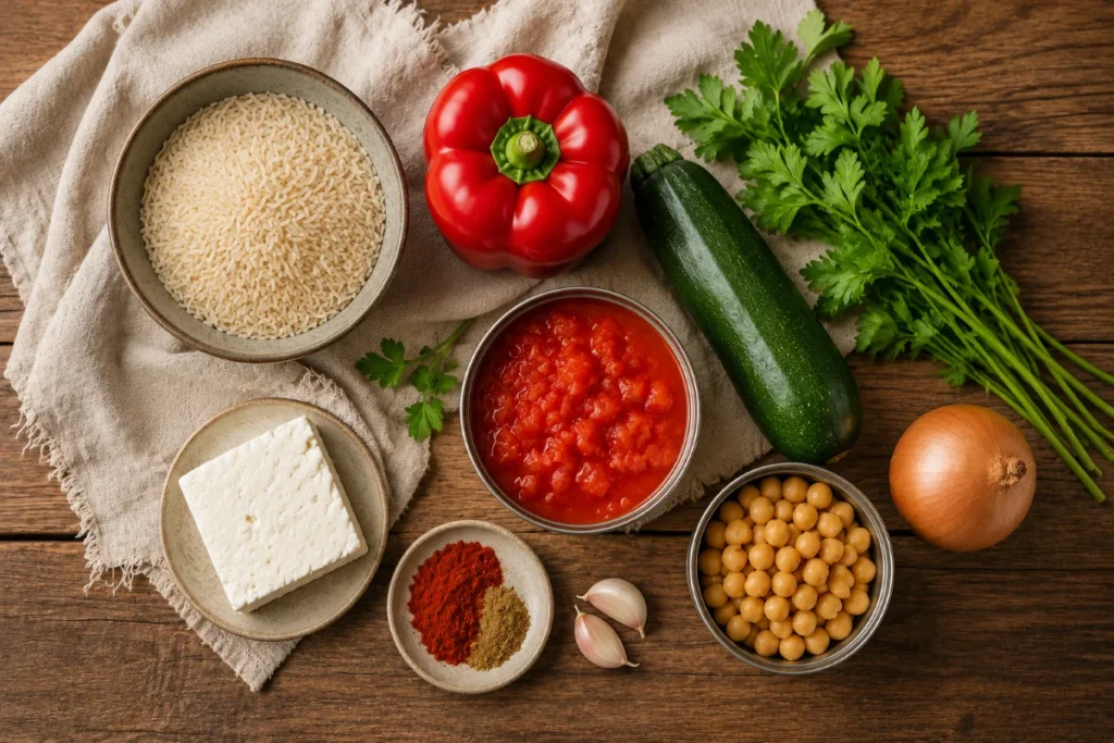 Zutaten für One Pot Gerichte vegetarisch: Reis, Paprika, Zucchini, Kichererbsen