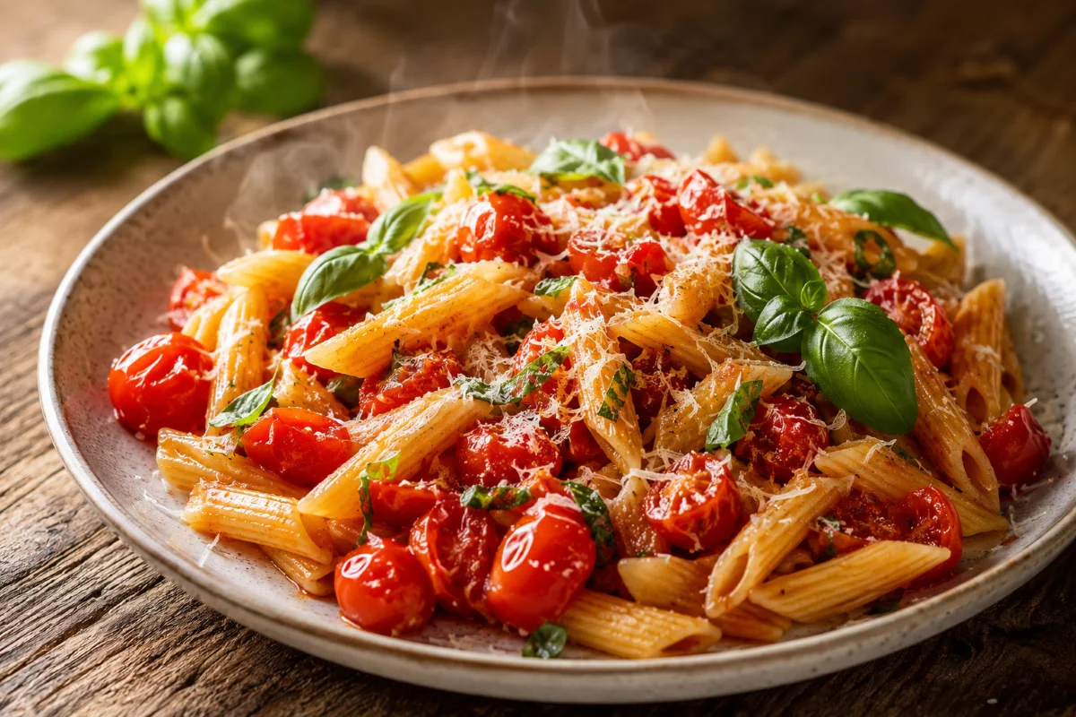 Schnelle Pasta Rezepte fertig angerichtet mit Kirschtomaten und Basilikum