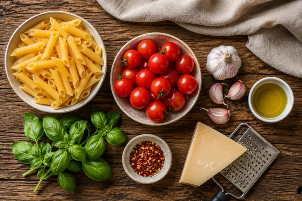 Zutaten für schnelle Pasta Rezepte: Penne, Kirschtomaten, Knoblauch, Basilikum