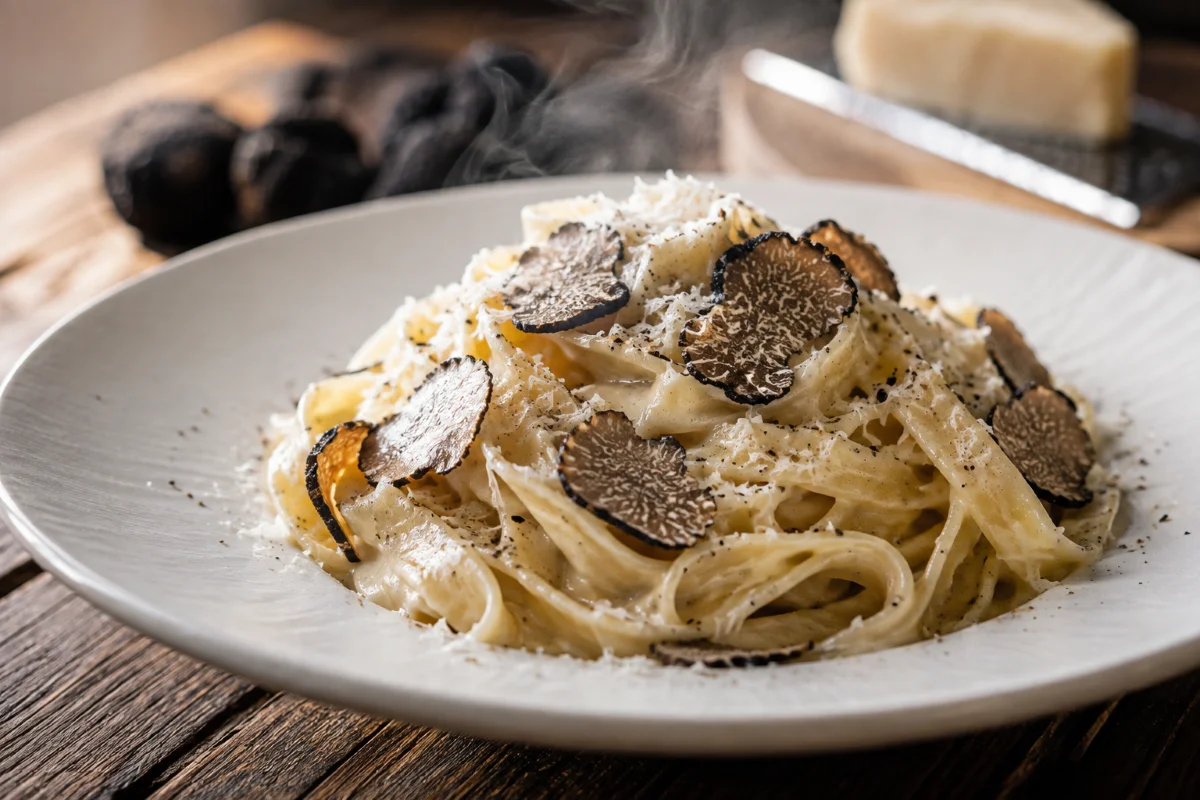 Trüffel Pasta mit frisch gehobeltem Trüffel auf weißem Teller angerichtet