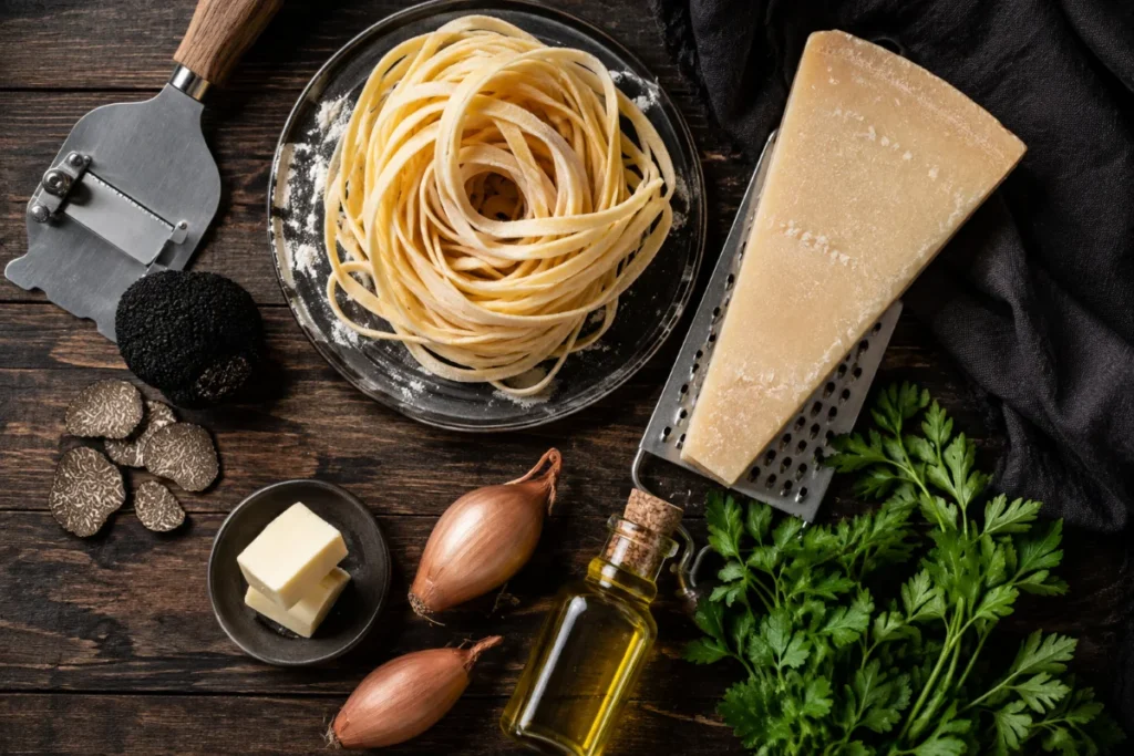 Zutaten für Trüffel Pasta: Tagliatelle, frischer Trüffel, Parmesan, Butter